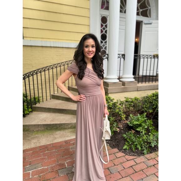 RONNY KOBO Brown Tan One Shoulder Neckline Pleated Bodice Killian Gown Size M - Picture 1 of 15